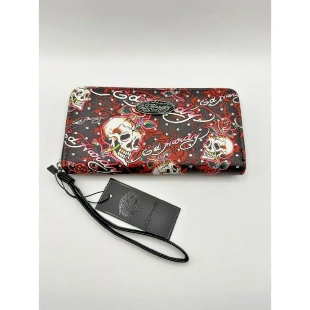 Ed Hardy Skull Rose Zip Around Wallet Wristlet Y2K Retro Black Red Tattoo New